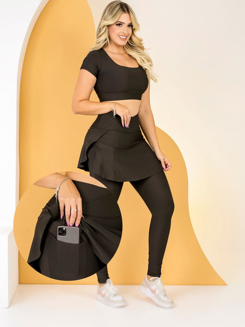 Conjunto Feminino Academia Fitness Calça Legging Com Bolso Saia Tapa Bumbum E Top Cropped  The Start Moda Evangélica Academia Suplex