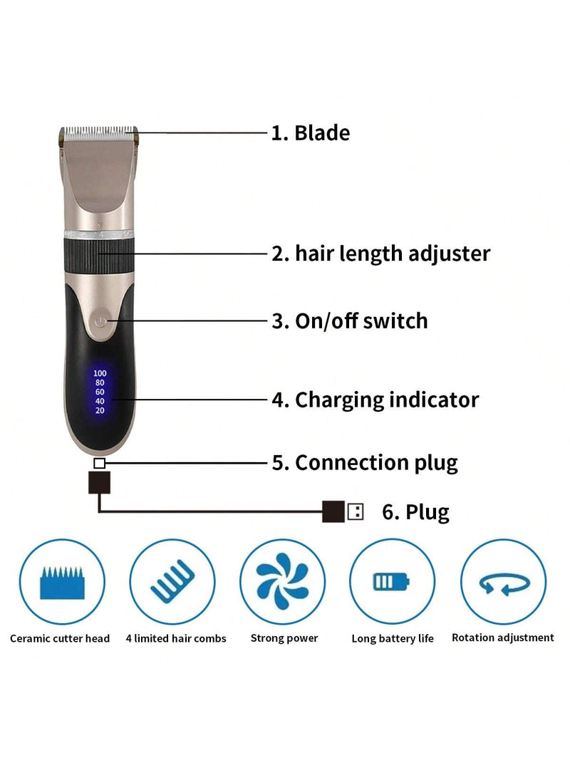 1 Peça Aparador de cabelo recarregável com bateria 1200mAh, indicador de bateria, adequado para todos os tipos de cabelo, portátil, para corte de cabelo adulto e infantil, dourado 1082