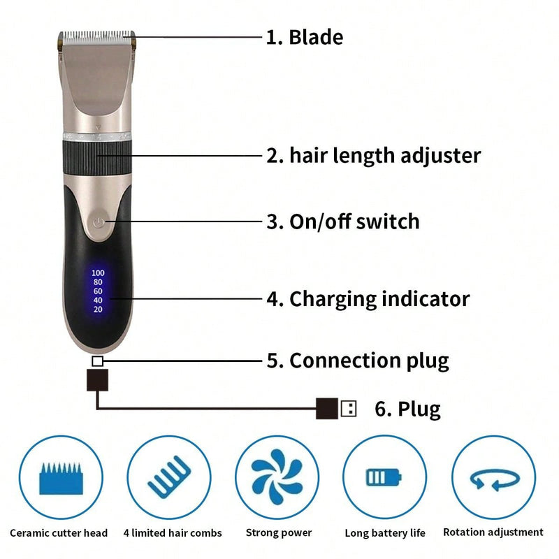 1 Peça Aparador de cabelo recarregável com bateria 1200mAh, indicador de bateria, adequado para todos os tipos de cabelo, portátil, para corte de cabelo adulto e infantil, dourado 1082