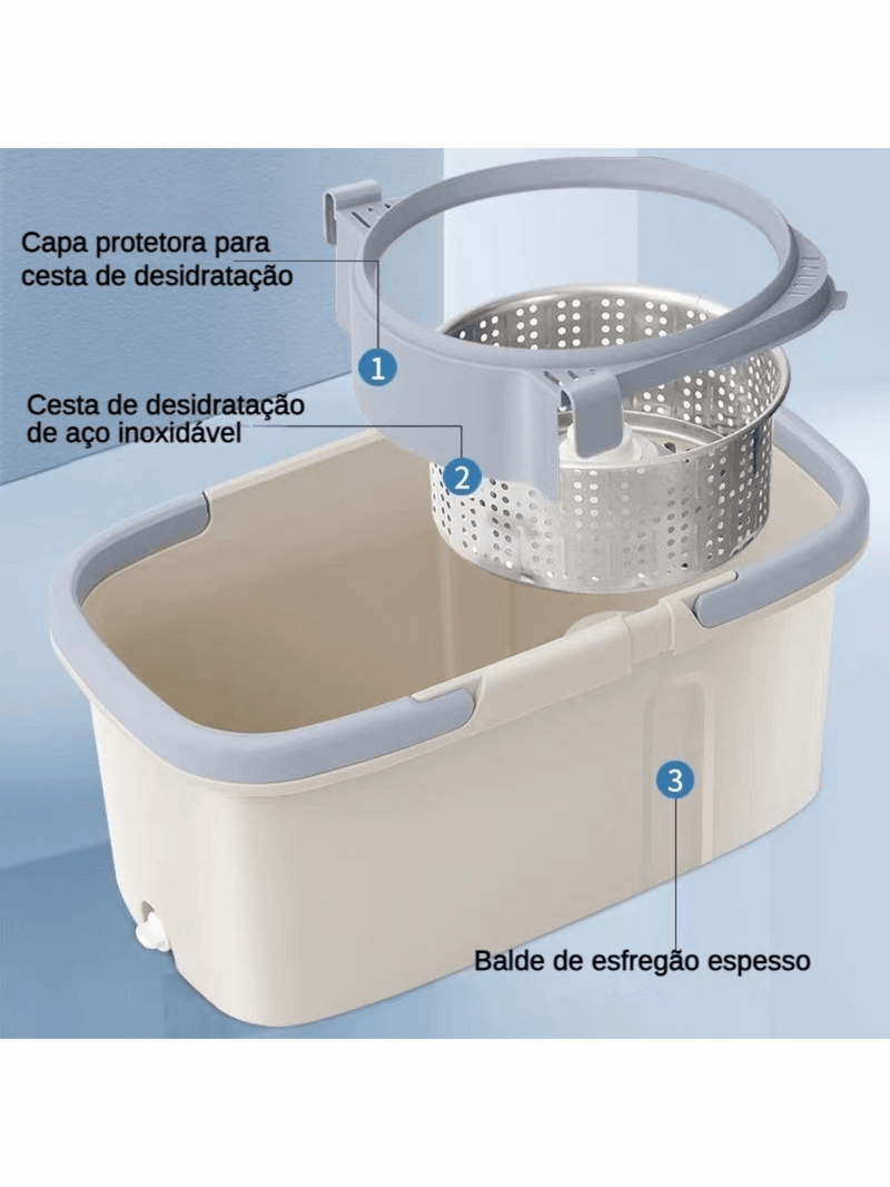 Mop Esfregão 13 Litros Giratório Balde Com Reservatorio Rodo De limpeza 360° 13 Litros Base Flexível 360º inox