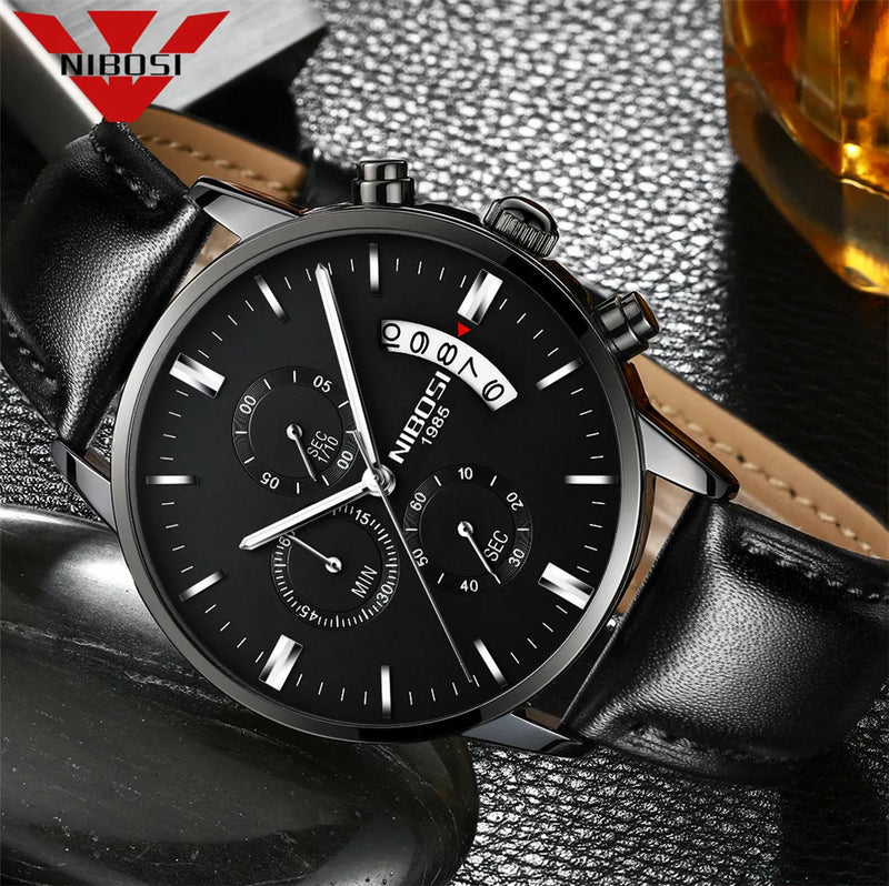 NIBOSI 2309 Relógio Masculino Original Pulseira de Couro Luxo À Prova D'água Cronógrafo Calendário Luminoso Quartzo Militar Relógio de Pulso