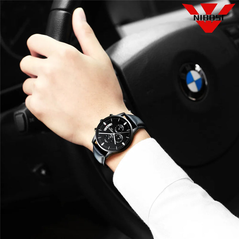 NIBOSI 2309 Relógio Masculino Original Pulseira de Couro Luxo À Prova D'água Cronógrafo Calendário Luminoso Quartzo Militar Relógio de Pulso