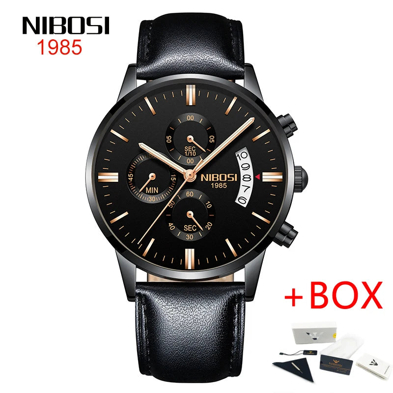 NIBOSI 2309 Relógio Masculino Original Pulseira de Couro Luxo À Prova D'água Cronógrafo Calendário Luminoso Quartzo Militar Relógio de Pulso