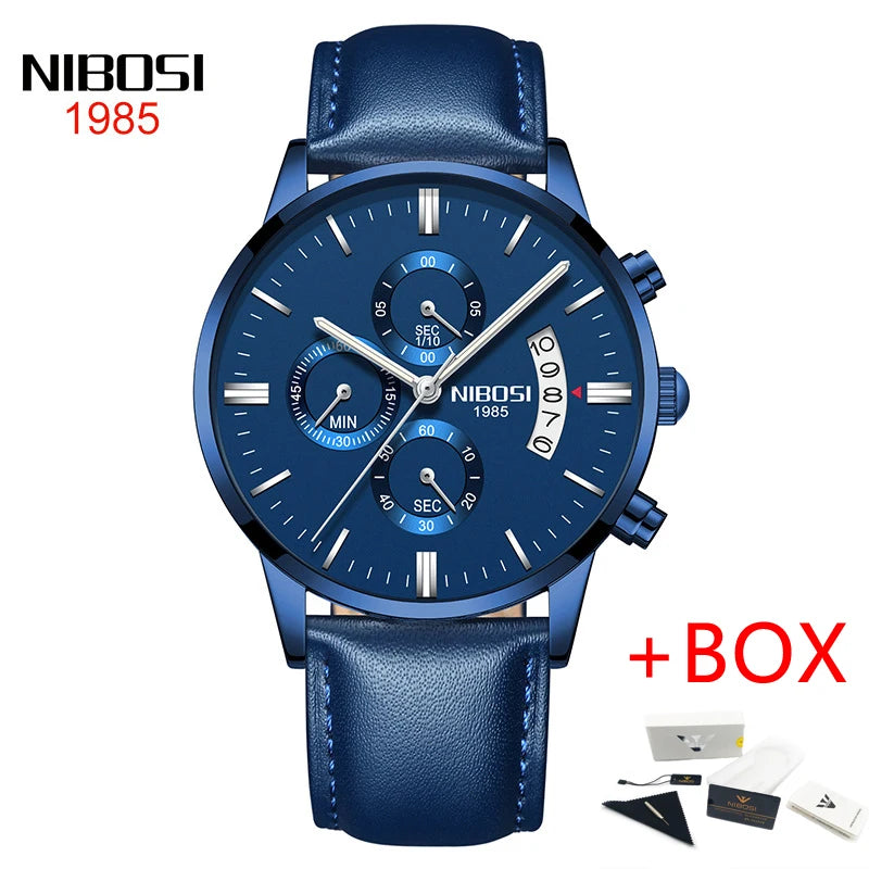 NIBOSI 2309 Relógio Masculino Original Pulseira de Couro Luxo À Prova D'água Cronógrafo Calendário Luminoso Quartzo Militar Relógio de Pulso