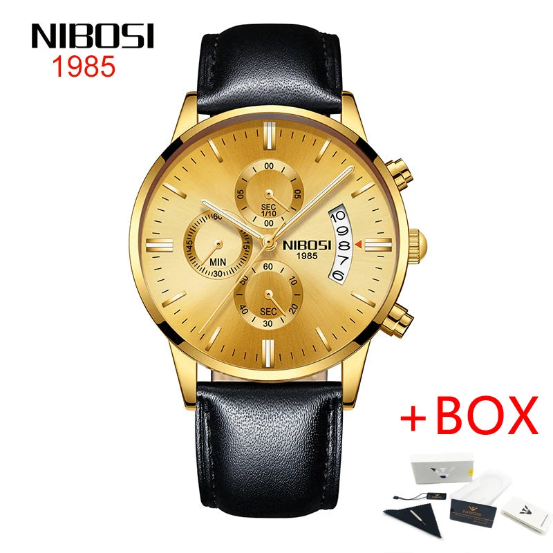 NIBOSI 2309 Relógio Masculino Original Pulseira de Couro Luxo À Prova D'água Cronógrafo Calendário Luminoso Quartzo Militar Relógio de Pulso