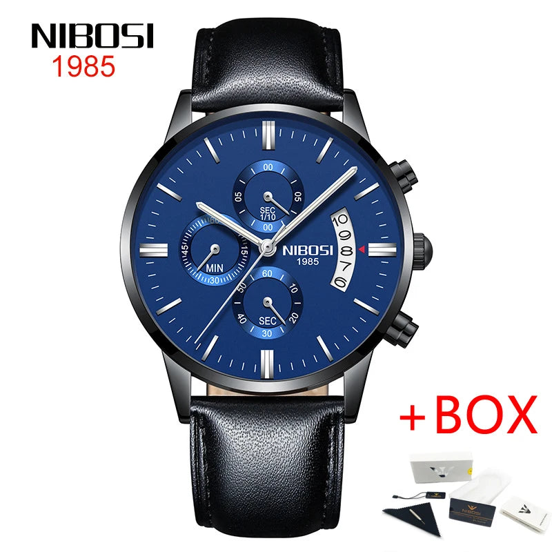 NIBOSI 2309 Relógio Masculino Original Pulseira de Couro Luxo À Prova D'água Cronógrafo Calendário Luminoso Quartzo Militar Relógio de Pulso