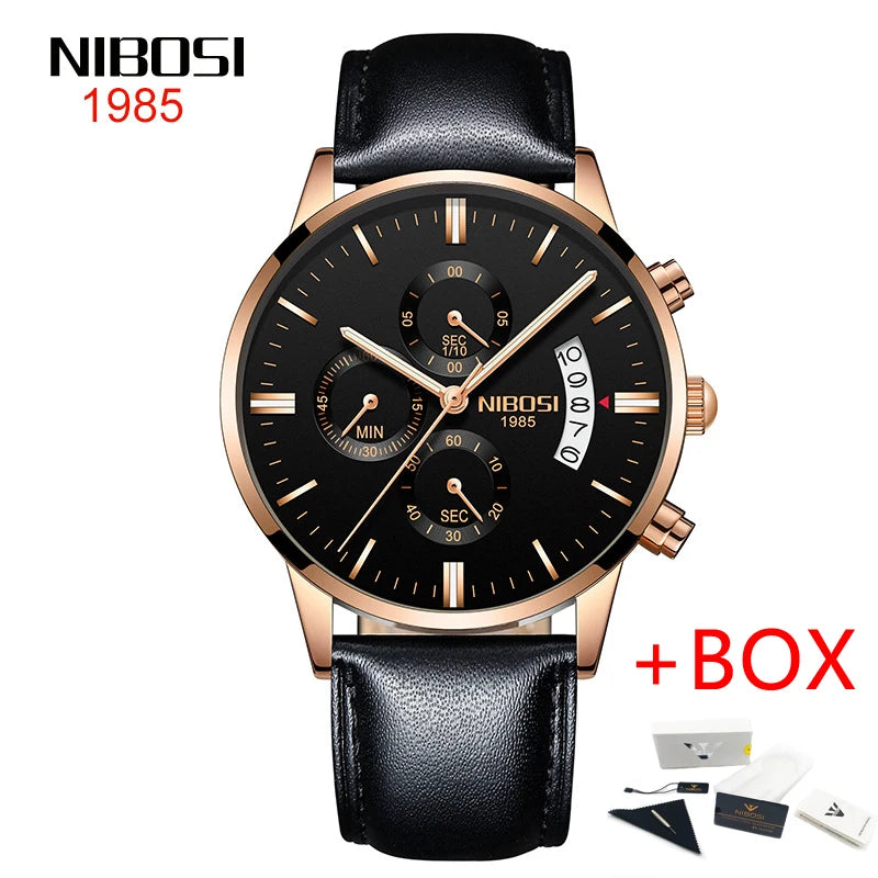 NIBOSI 2309 Relógio Masculino Original Pulseira de Couro Luxo À Prova D'água Cronógrafo Calendário Luminoso Quartzo Militar Relógio de Pulso