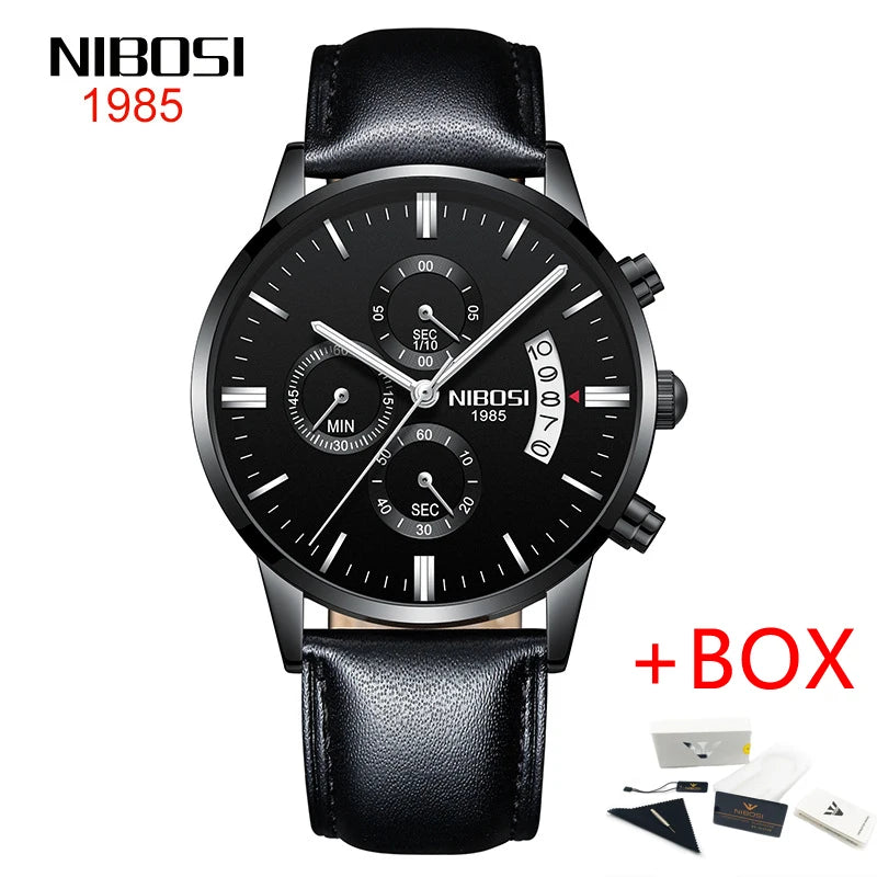 NIBOSI 2309 Relógio Masculino Original Pulseira de Couro Luxo À Prova D'água Cronógrafo Calendário Luminoso Quartzo Militar Relógio de Pulso