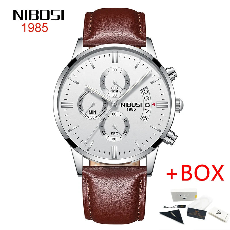 NIBOSI 2309 Relógio Masculino Original Pulseira de Couro Luxo À Prova D'água Cronógrafo Calendário Luminoso Quartzo Militar Relógio de Pulso