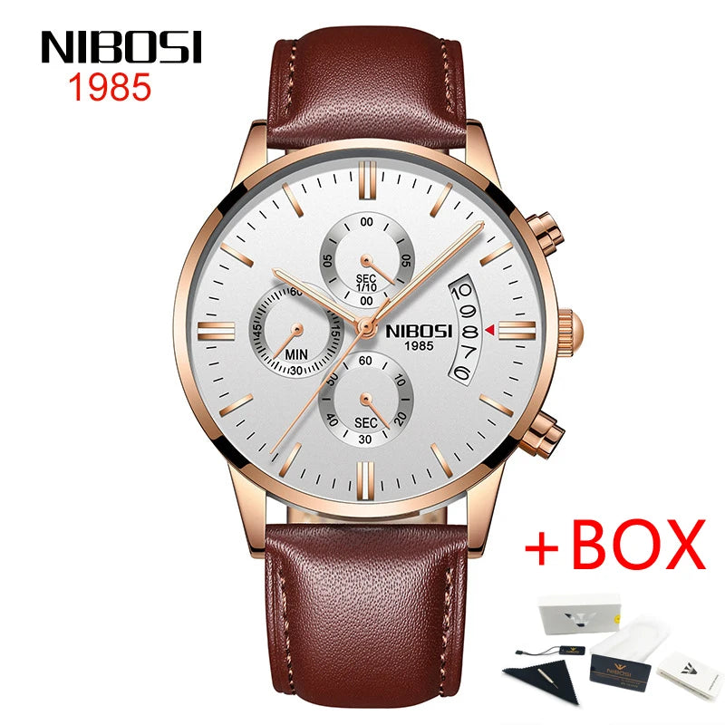 NIBOSI 2309 Relógio Masculino Original Pulseira de Couro Luxo À Prova D'água Cronógrafo Calendário Luminoso Quartzo Militar Relógio de Pulso