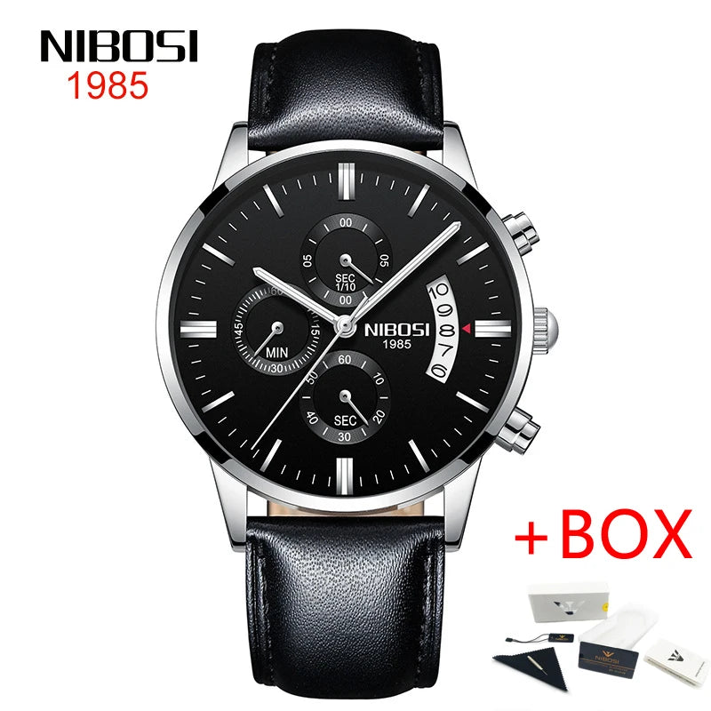 NIBOSI 2309 Relógio Masculino Original Pulseira de Couro Luxo À Prova D'água Cronógrafo Calendário Luminoso Quartzo Militar Relógio de Pulso