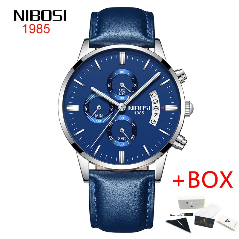 NIBOSI 2309 Relógio Masculino Original Pulseira de Couro Luxo À Prova D'água Cronógrafo Calendário Luminoso Quartzo Militar Relógio de Pulso