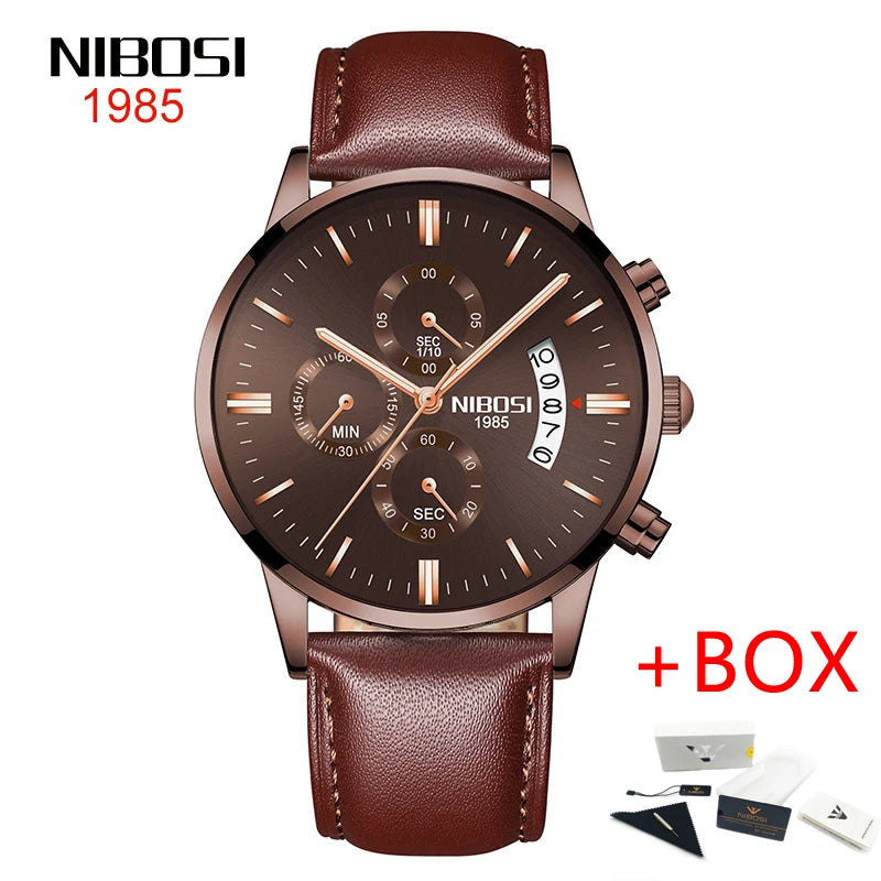 NIBOSI 2309 Relógio Masculino Original Pulseira de Couro Luxo À Prova D'água Cronógrafo Calendário Luminoso Quartzo Militar Relógio de Pulso