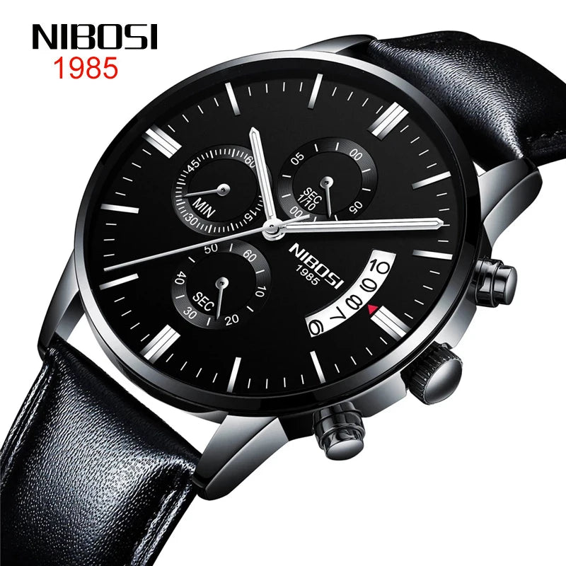 NIBOSI 2309 Relógio Masculino Original Pulseira de Couro Luxo À Prova D'água Cronógrafo Calendário Luminoso Quartzo Militar Relógio de Pulso