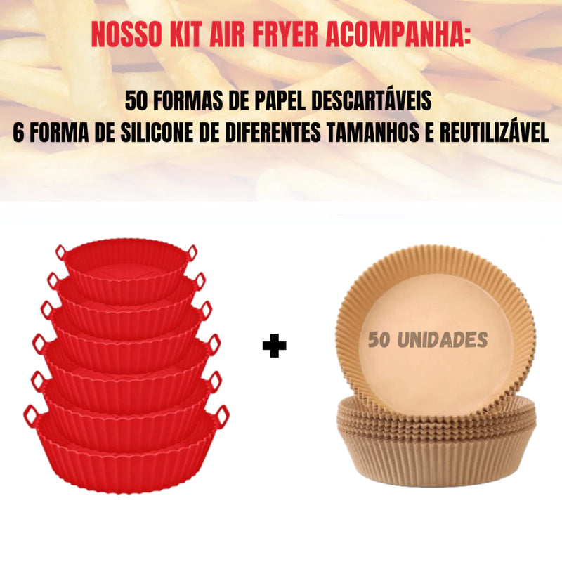Kit 50 Formas de Papel Airfryer + 6 Formas Silicone Tamanhos Variados Microondas Forno Lavável com Alça